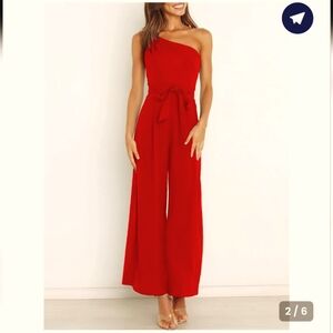 👖⚜️Vibrant One-Shoulder Red Jumpsuit
